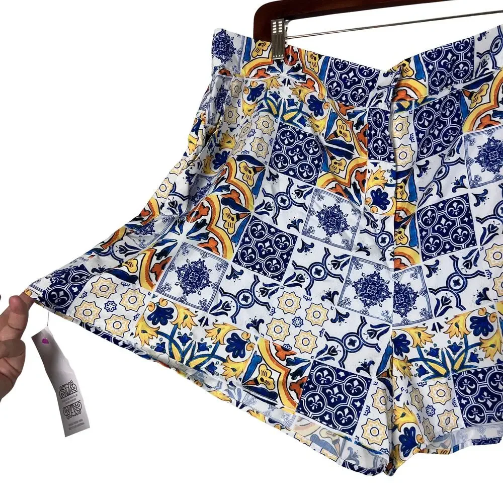 Never Fully Dressed Amalfi Tile Print High Rise Shorts Blue Yellow Boho Size 18 - Picture 4 of 10